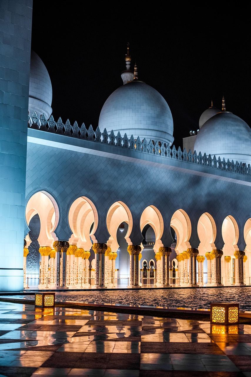 sheikh zayed grand mosque, temple, islam, dome, pillars, hallway, lights, mosque, night, architecture, muslim, religion, uae, abu dhabi, black wallpaper, black, islam, islam, islam, islam, islam, mosque, mosque, mosque, muslim